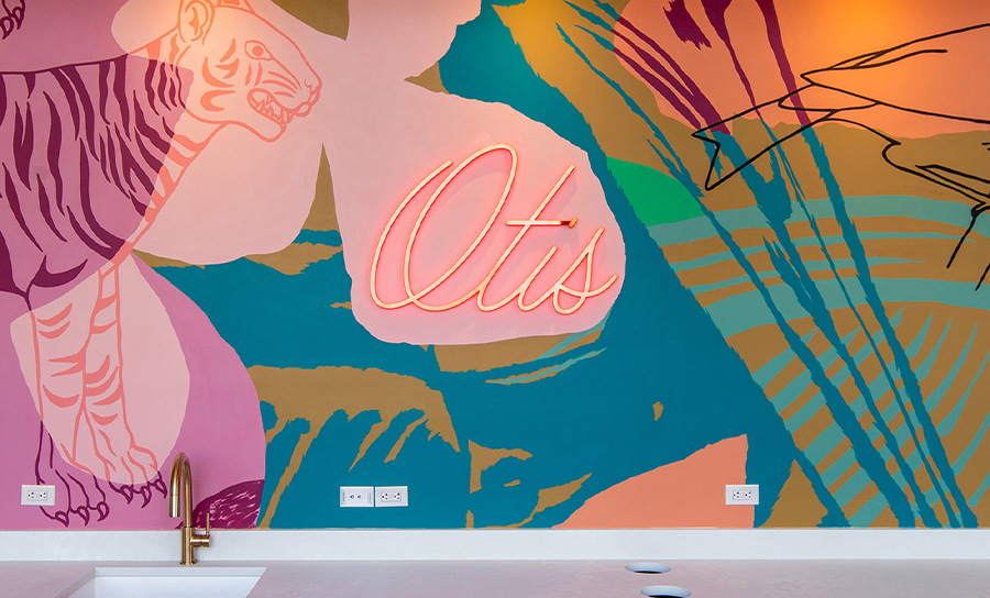 Detailed shot of art over the communal kitchen.